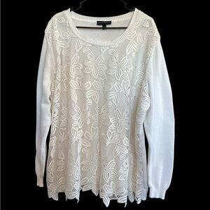 Lane Bryant White Crochet Crewneck Long Sleeve Sweater Size 26/28 Lined White